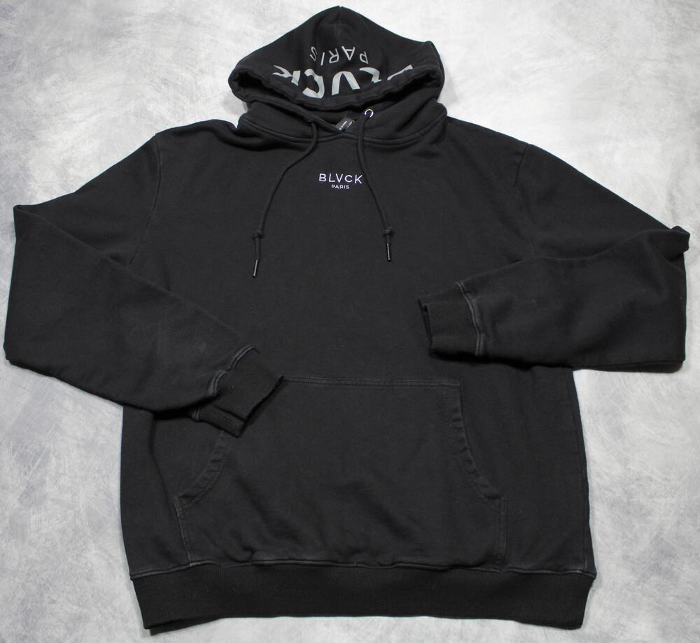 BLVCK Paris Hoodie Mens Large Black French Terry Pullover Logo Kangaroo Pocket